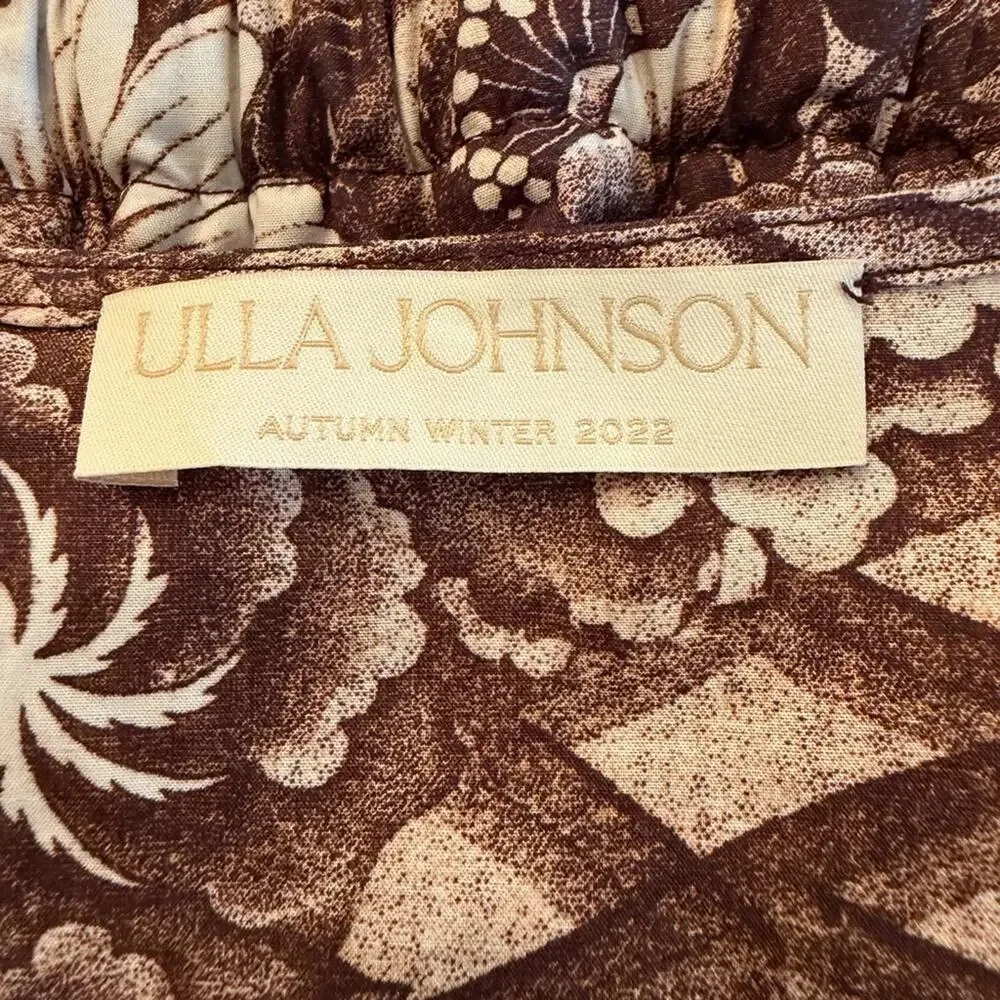 Ulla Johnson Brown Floral Cotton Peplum Blouse Puff Sleeve Boho Romantic Size 4